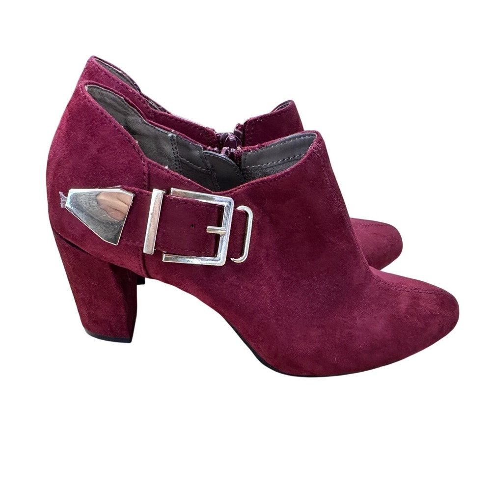 Aerosoles Burgundy Suede Buckle Heelrest Ankle Booties‎ Womens 7 Block Heel Zip